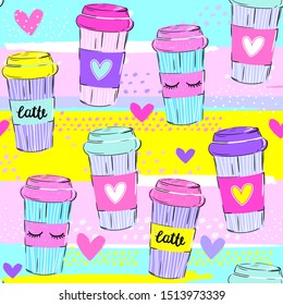 Abstract seamless pattern with colorful cup coffee. Fashion print for girl