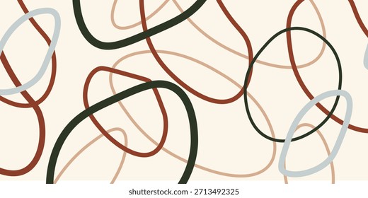 Abstractas patrón sin fisuras con curvas de colores entrelazando anillos o círculos sobre fondo pastel. Fondo moderno del arte de la línea del Vector para el diseño de la tela, materia textil, papel de embalaje