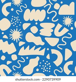 Abstract seamless pattern with colorful doodles inspired by Matisse. Flat cartoon background, simple random shapes in bright childish colors.