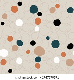Resumen de un patrón sin fisuras con puntos y ovalos coloridos. Estilo minimalista. Ilustración vectorial. Blanco, beige, naranja, verde y negro. Fondo claro.