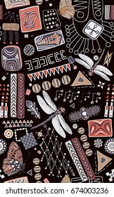 Abstract seamless pattern. Colorful ethnic background. Hand drawn backdrop with decorative geometric elements. Memphis style