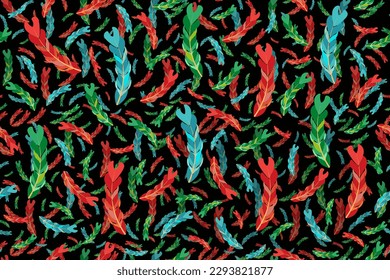 Abstract seamless pattern with colorful Feathers on black background. 3d ornate. Endless ornament with Feather. Wallpaper and bed linen print. Vector illustration.