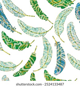 Abstract seamless pattern with colorful feathers - hand drawn vector illustration.