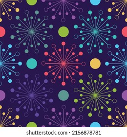 Abstract seamless pattern with colorful figures and polka dots on a violet background. Vector eps 10