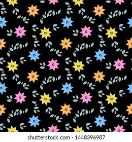 Abstract seamless pattern with colorful flowers and leaves on black background. Vector illustration eps10