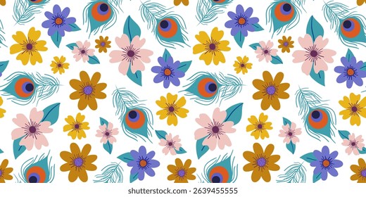 abstract seamless pattern with colorful flowers and peacock feathers on white background Krishna Janmashtami wallpaper web design textile
