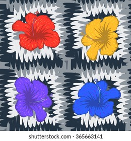 Abstract seamless pattern with colorful flowers and black white zigzags. Vector illustration.