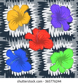 Abstract seamless pattern with colorful flowers and black white zigzags. Vector illustration.