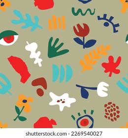 Abstraktes, nahtloses Muster mit bunten Freehand-Doodles, inspiriert von Matisse. Flacher Cartoon-Hintergrund, einfache Zufallsformen in hellen, kindischen Farben.
