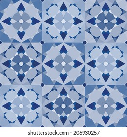 Abstract seamless pattern. Colorful geometric ornament. Blue patchwork tiles.