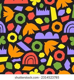 Abstract seamless pattern with colorful geometric cutting doodles. Trendy random shapes on a black background. Vector illustration