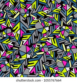 Abstract seamless pattern with colorful geometrical oak leaves and acorn placed randomly. Green, gray and vivid pink colors.