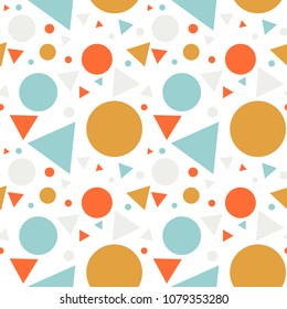 Abstract seamless pattern with colorful gold, orange, blue, gray chaotic circles, dots and triangles on white. Infinity geometric background. Vector illustration.  