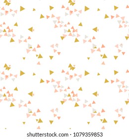 Abstract seamless pattern with colorful gold, pink, gray chaotic small triangles on white. Infinity geometric background. Vector illustration.  