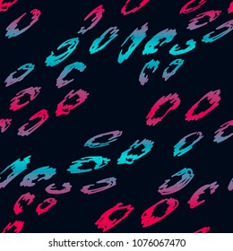 Abstract seamless pattern with colorful gradient tiger stains on dark blue background. Wild animal skin. Decorative wallpaper. Girlish colors