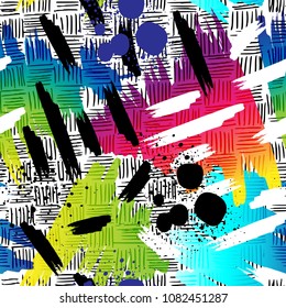 Abstract seamless pattern with colorful gradient splashes. Grunge urban repeated backdrop for textile, clothes, wrapping paper.