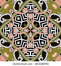 Abstract seamless pattern. Colorful greek background. Vector tribal celtic style repeat ornament. Branches with thorns, flowers, geometric shapes. Decorative ethnic design. Greek key, meander, frames.