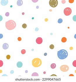Abstract seamless pattern with colorful hand drawn polka dots on a white background. Lovely childish backdrop for wrapping, packaging, textile and interior decoration