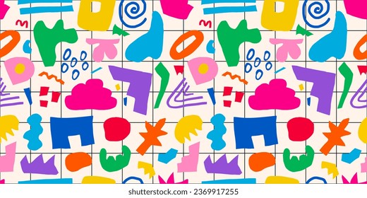 Resumen de un patrón sin fisuras de coloridos dibujos a mano de varias formas, rizos, formas y objetos de doodle. Fondo vectorial moderno