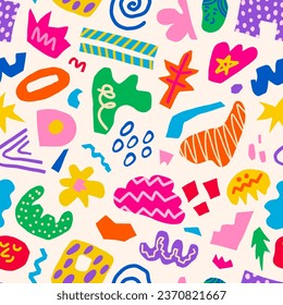 Abstract seamless pattern of colorful hand drawn various shapes, curls, forms and doodle objects. Modern trendy vector background