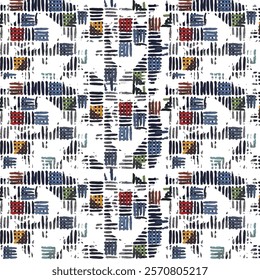 Abstract seamless pattern with colorful hand-drawn brush strokes and geometric blocks, blue, green, yellow, and black. Ideal for artistic textiles, wallpapers, gift wrap, and creative background