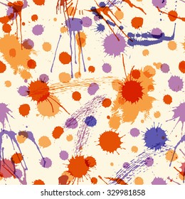 Abstract seamless pattern with colorful ink stains on a off-white background. Saturated purple hues balanced by red and orange. Endless texture for wrapping, packaging, textile and interior decoration