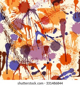 Abstract seamless pattern with colorful ink stains on a off-white background. Saturated purple hues balanced by red-brown and orange. Backdrop for wrapping, packaging, textile and interior decoration