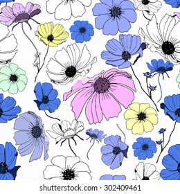 Abstract seamless pattern with colorful isolated flowers. Vector illustration.