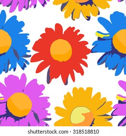 Abstract seamless pattern with colorful isolated flowers on white background. Vector illustration.