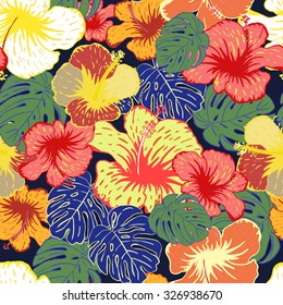 Abstract seamless pattern with colorful isolated flowers on dark blue background. Vector illustration.