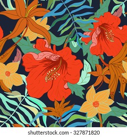 Abstract seamless pattern with colorful isolated flowers on dark blue background. Vector illustration.