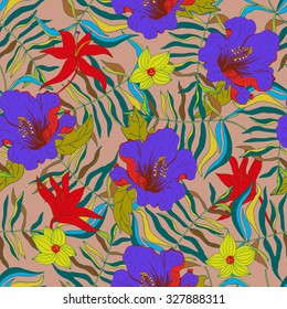 Abstract seamless pattern with colorful isolated flowers and leaves. Vector illustration.