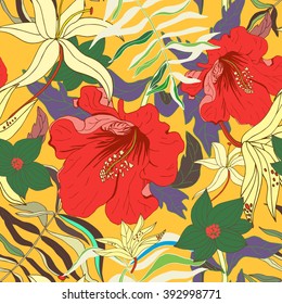 Abstract seamless pattern with colorful isolated tropical flowers on yellow background. Vector illustration.