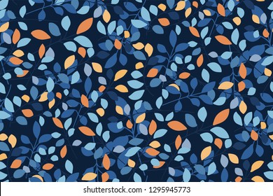 Abstract seamless pattern with colorful leaves, branches on a dark blue background. Creative print, Wallpaper. Foliage in a hand-drawn style. Vector