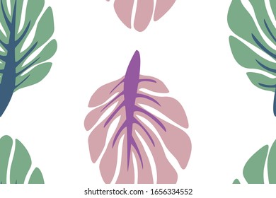 Abstract seamless pattern with colorful leaves on a black background. Decorative floral print with pink and green plants. EPS10 vector illustration.