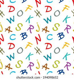 Abstract seamless pattern with colorful letters on a white background. Alphabet. Lettering. Calligraphy. Child education ornament. Hand drawn. Endless silhouette print texture - vector 