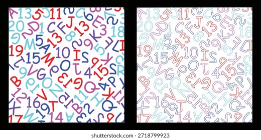 Abstractas patrón sin fisuras con letras y números de colores sobre fondo negro.