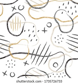 Abstract seamless pattern with colorful linear shapes and sketch elements. Minimalistic style. Vector illustration. White, beige, ochre and black. White background.