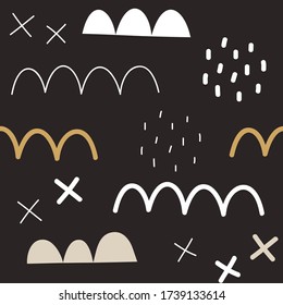 Resumen de un patrón sin fisuras con formas lineales coloridas y elementos de esbozo. Estilo minimalista. Ilustración vectorial. Blanco, beige, ocre y negro. Fondo oscuro.