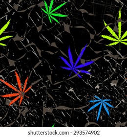 Abstract seamless pattern with colorful Marijuana leaves, scratches and cracks