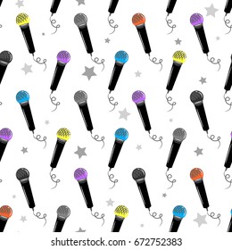 Abstract seamless pattern with colorful microphone. Music repeated backdrop for textile, clothes, wrapping paper. Sound wallpaper. White background with musical instrument and stars