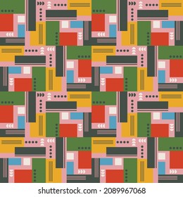 Abstraktes nahtloses Muster mit bunten Mosaikelementen. Vektorgrafik. Design für Banner, Wickelpapier, Tapete oder Gewebe.