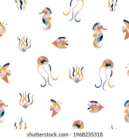 Abstract seamless pattern with colorful octopuses on white background. Under the sea bright design