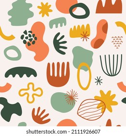 Resumen de un patrón sin fisuras con formas orgánicas coloridas, líneas, garabatos y elementos. Diseño vectorial natural moderno	