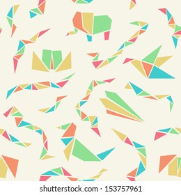 Abstract seamless pattern with colorful origami animals and objects on white background. Vector illustration.  