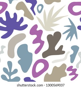 Abstract seamless pattern with colorful patches, shapes and tropical leaves on white background. Modern vector illustration in flat style for wrapping paper, wallpaper, backdrop, print 