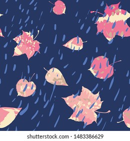 Abstract seamless pattern with colorful pink autumn leaves and rain on dark blue background. Cute botanical texture with hand drawn elements. Trendy vector illustration  