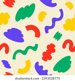 Abstract seamless pattern with colorful playful cartoon shapes on a beige background. Trendy random shapes. Vector illustration