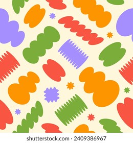 Resumen de un patrón sin fisuras con coloridas formas de dibujos animados juguetones sobre un fondo beige. Formas aleatorias de moda. Ilustración del vector