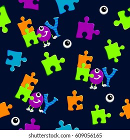 Abstract seamless pattern with colorful puzzle, eye, letters on dark blue background. Game repeated backdrop for child, print, wrapping paper.